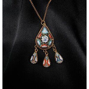 Vintage Italian Gold-Tone Mosaic Pendant Necklace With Dangle Charms & Chain